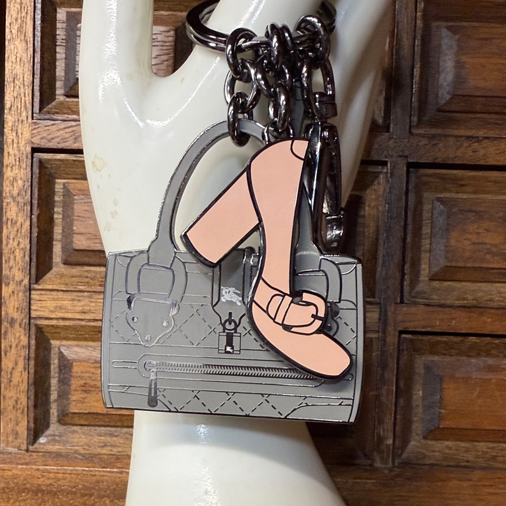 NWOT Burberry Designer Bag Charm & Keychainin Gray and Pink